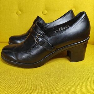 Dansko Women Heels Loafers Black Leather Casual Slip On Clogs Buckle Sz 11.5-12